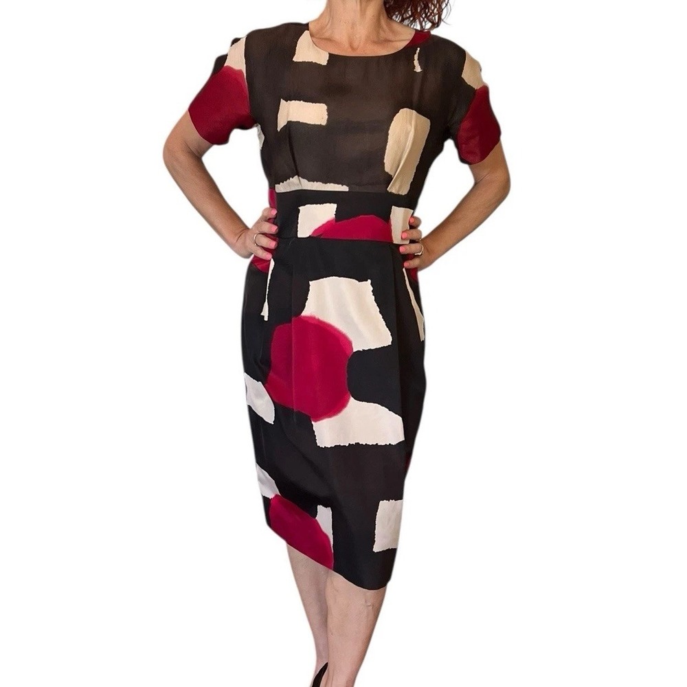 VINTAGE MOSCHINO  CHEAP & CHIC DRESS A LINE  SATIN ABSTRACT MULTI CAP SLEEVE  10